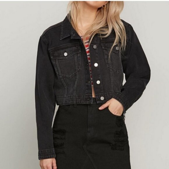 Volcom Crop N Block Denim Jacket Grey Black Boxy Retro 90s Skater Trucker Jacket - Picture 3 of 14